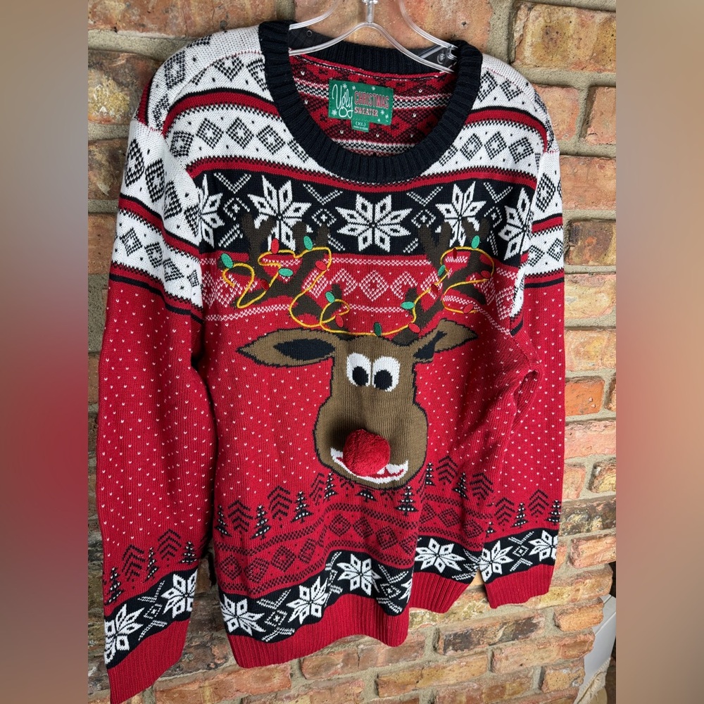 Ugly Christmas Sweater Red Black White Reindeer Light-Up Pom Pom Nose